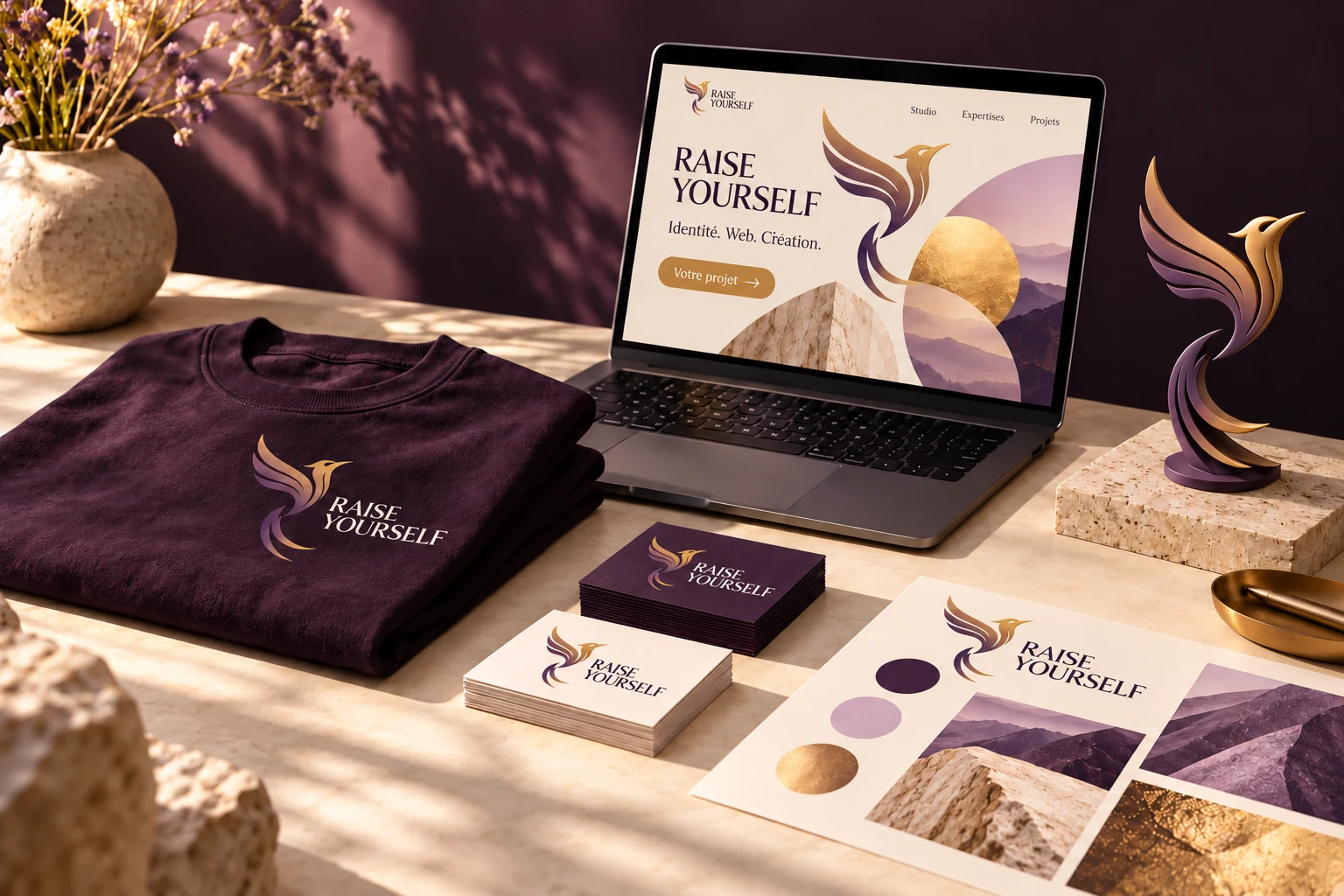 Concept Raise Yourself : logo sur textile et papeterie, site web et phénix en volume