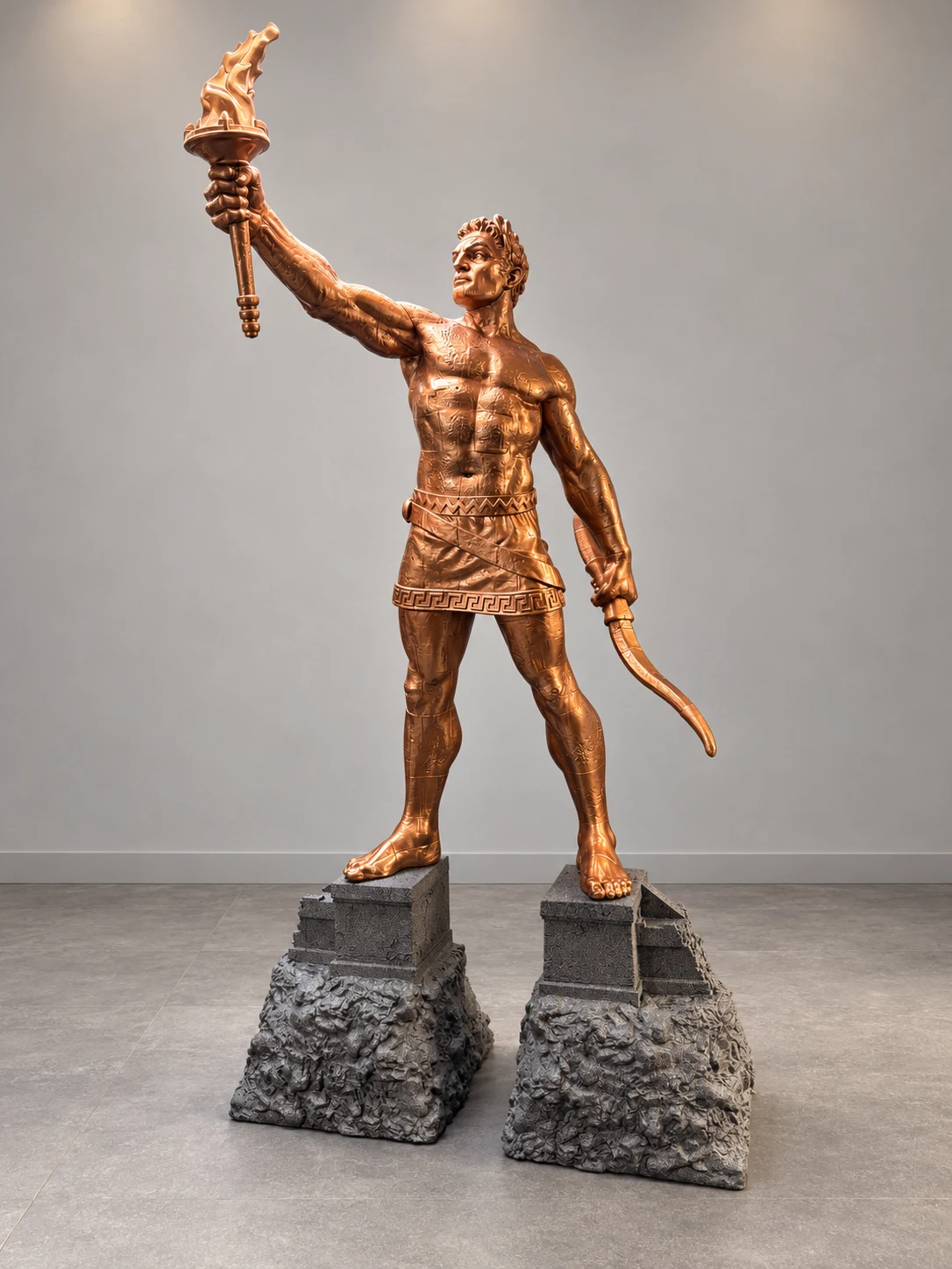 Statue dorée grand format avec torche et deux socles — arrière-plan retouché