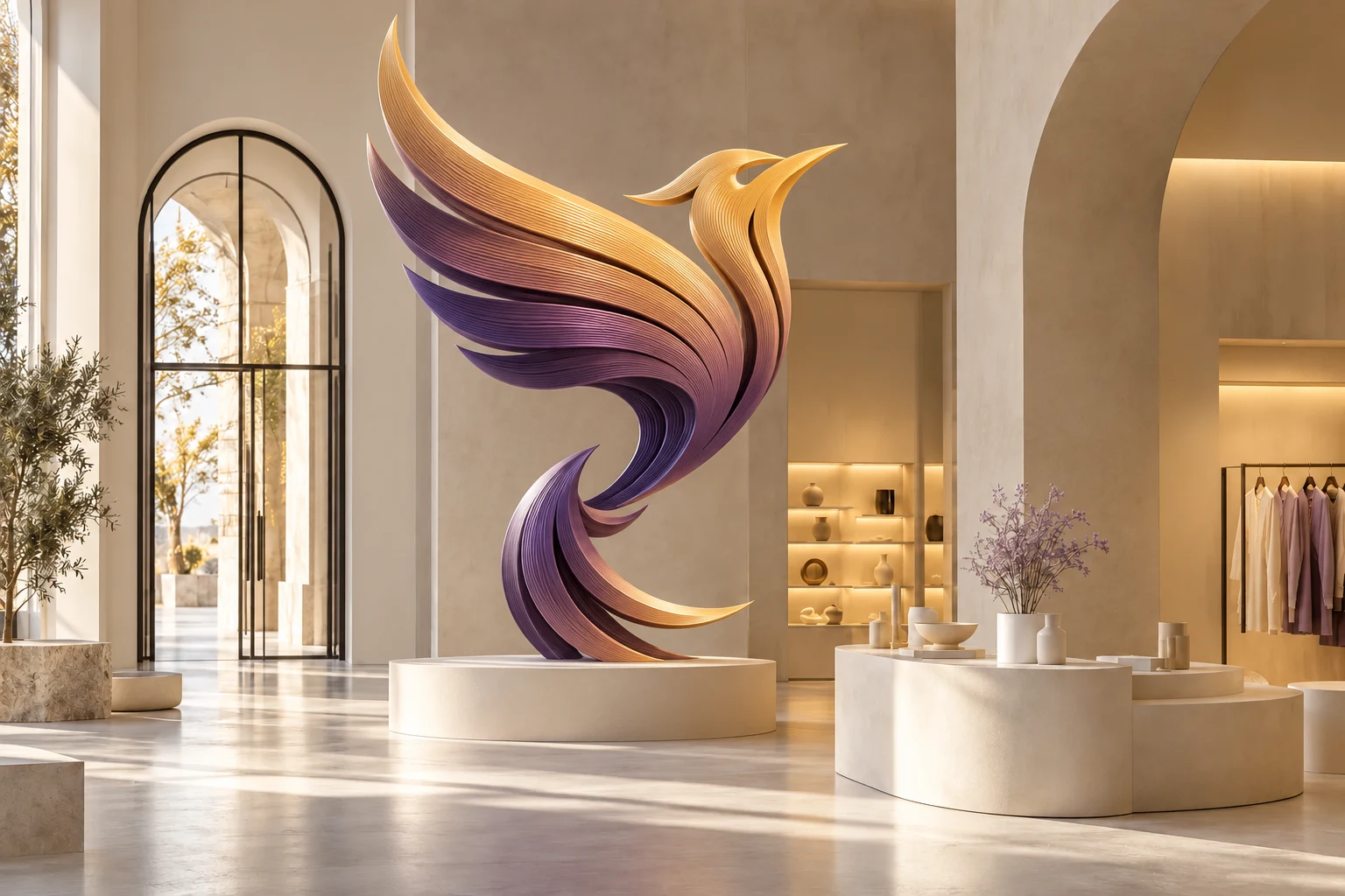 Concept illustratif d’un phénix géant Raise Yourself imprimé en 3D dans un espace commercial